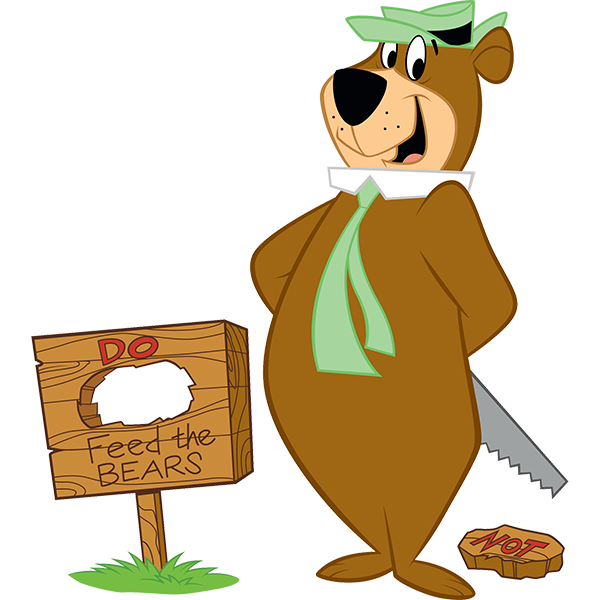 Yogi Bear has cut up a park sign so it read "DO feed the bears." 