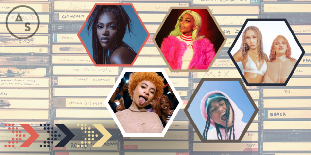 5 images of Black queer rappers in hexagon shapes. The background image is cassette tapes.