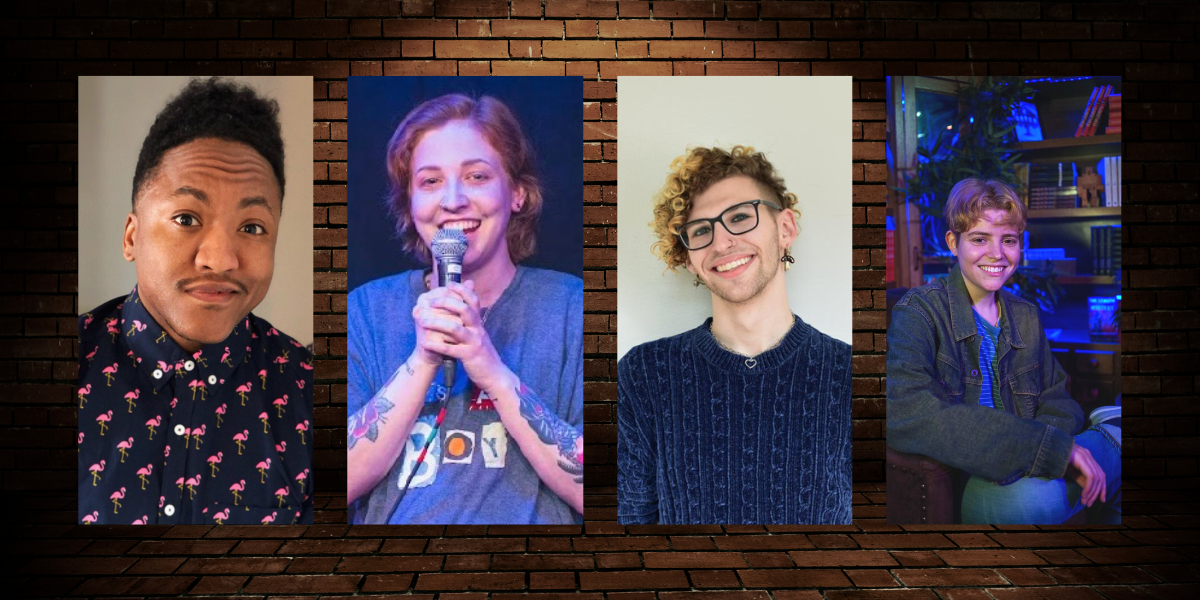 Four photos of comedians with a brick wall in the background.