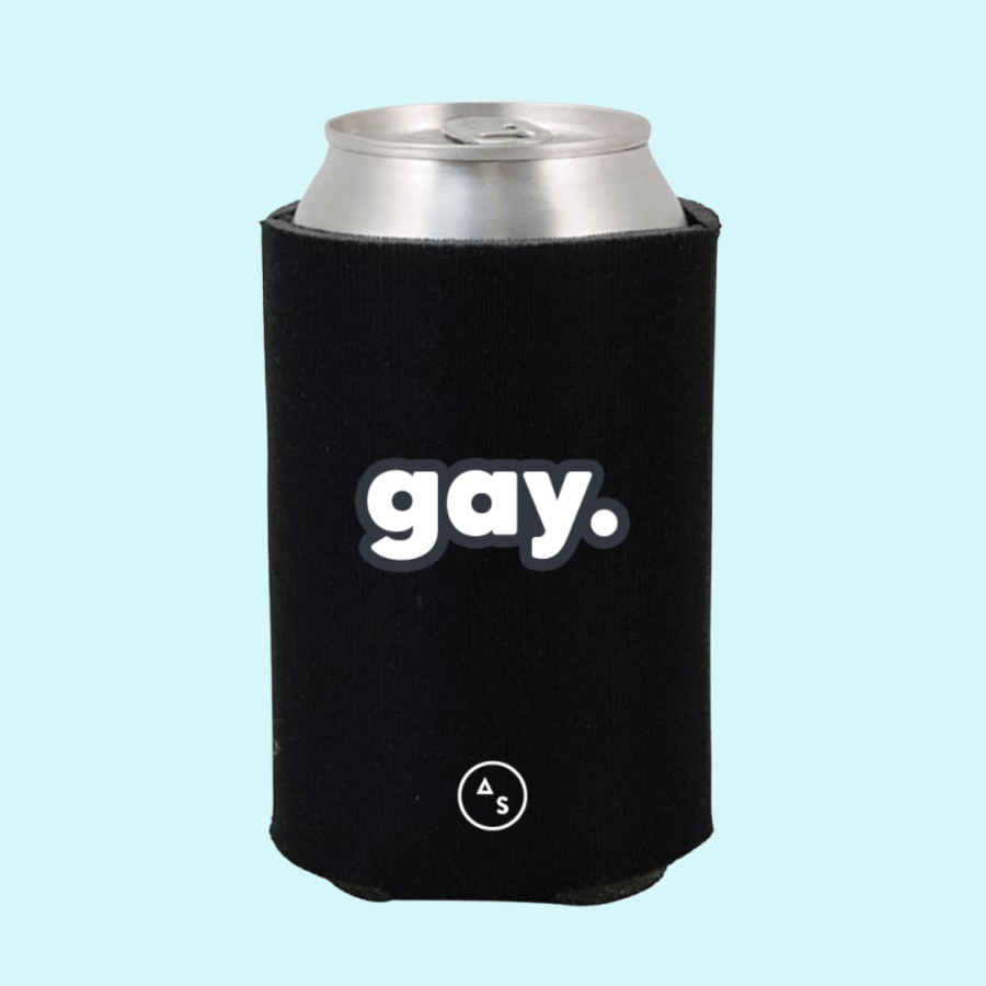 a black koozie that says "gay." on it with the AS logo at the bottom.
