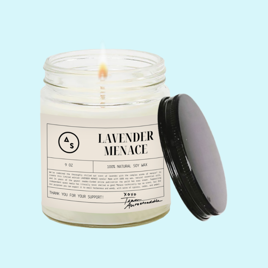 a mock-up of the Lavender Menace candle which comes in a clear screw top jar with a black lid