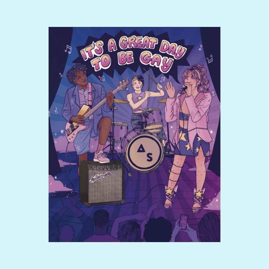 The liberaljane print depicts a three person queer rock band. A femme front singer is shown holding a microphone to their mouth, with a cord wound around her leg. She is wearing a skirt, crop top and blazer and has pink hair. A guitar player has their foot on an amp. They are Black with locs and are wearing a blazer as well as shorts, white sneakers and a black shirt. Behind everyone is the drummer, who is slight and white with short hair who is holding the drumsticks aloft. The lyrics that the front person is singing appear in an expressive script above them, reading "It's a great day to be gay."