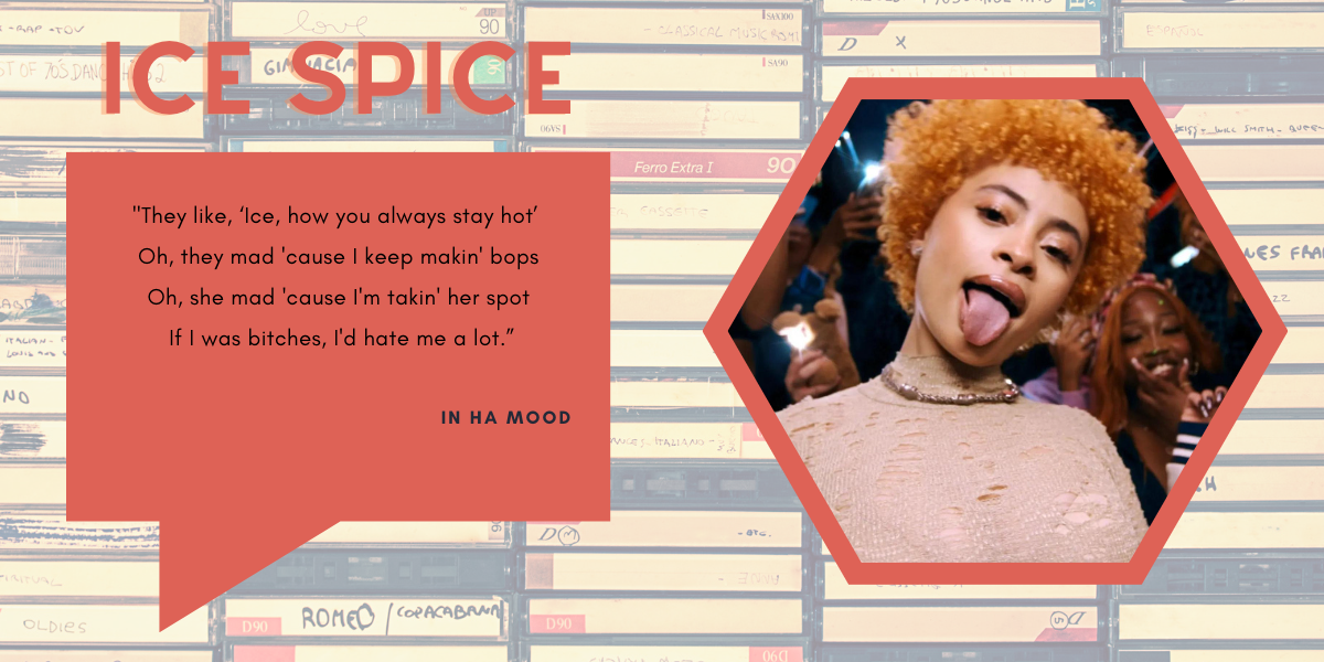 A photo of Black rapper Ice Spice inside of a hexagon shaped frame with lyrics pulled from a song on a coral talk bubble next to her. The background is faded cassette tapes.