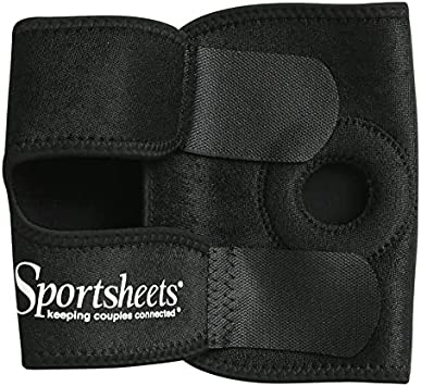 A black, neoprene thigh harness has one O ring and two velcro straps. On the bottom strap are the words, "Sportsheets - keeping couples connected," in white text.