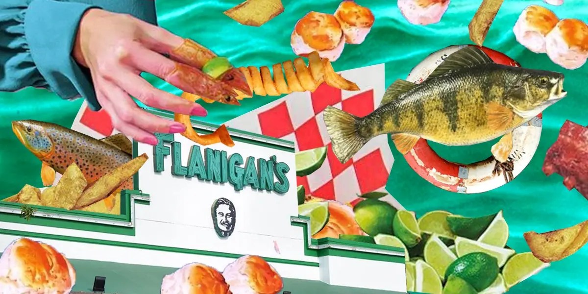 A collage of turquoise fish and Flanigan's (a restaurant in Florida) paraphernalia.