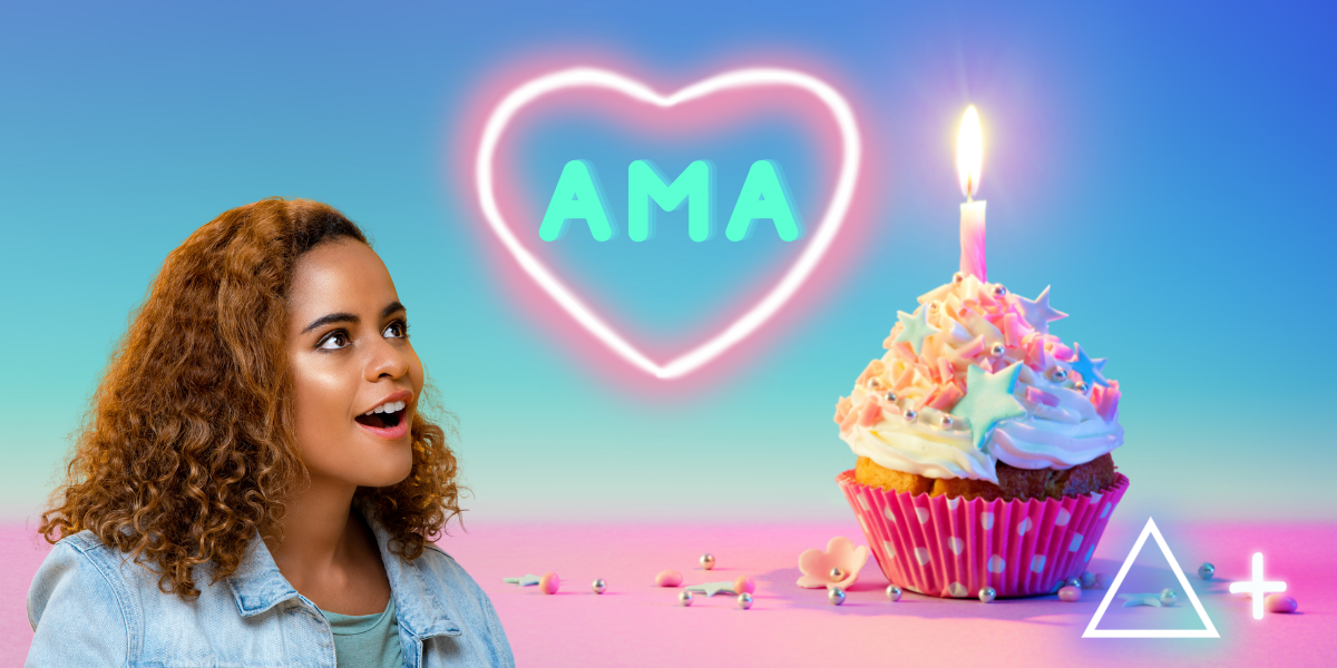 A woman looks on in delight and awe at the letters "AMA" in a glowing neon heart. they are set against a gradient pink and blue background with a cupcake on it. a glowing neon triangle and plus sign are in the bottom right corner