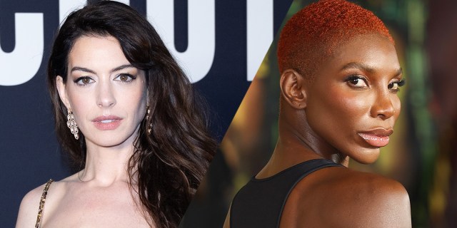 In a side-by-side collage, Anne Hathaway with her hair swept to the side, staring directly into camera and Michaela Coel, with short red hair, looking over her shoulder.