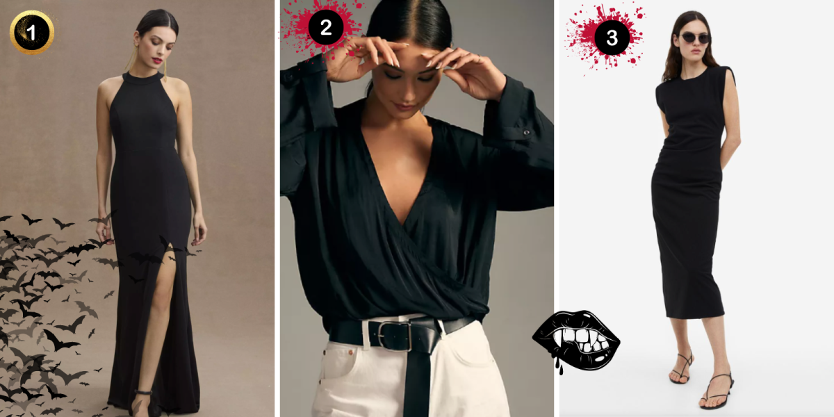all in black, from left to right 1 a straight sized model wears a long, elegant split leg gown 2 a straight sized model wears a shirt that is flowy and wrapped and low cut in the center 3. a straight sized model wears a minimal sleeveless long tight dress with shoulder pads