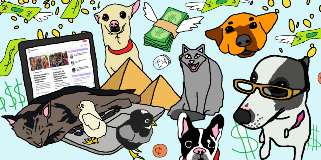 In an MS Paint drawing style, several animals are drawn against a blue background. They are recognizable pets of Autostraddle workers. Carol Riese's dog and Lola Kayla's adopted dog, cats and chicks and other dogs. There is an open laptop and money is raining down. There are also a couple of pyramids.