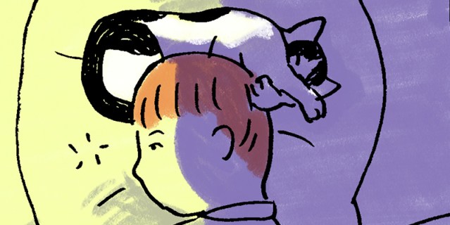 In a two panel comic, in shades of twilight purple and yellow, Baopu — an Asian person with red hair — snuggles their cat in bed.