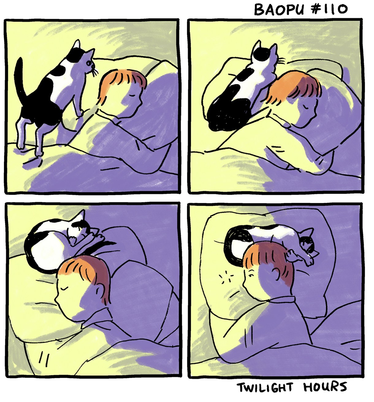 In a four panel comic, in shades of twilight purple and yellow, Baopu — an Asian person with red hair — snuggles their cat in bed.