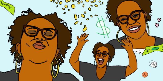 three line drawings of carmen done in an MS paint style. Carmen is a Black woman with medium short curly hair parted in the center and large glasses who is shown here wearing hoops. the illustrations are smiling and celebratory. money rains down from above.