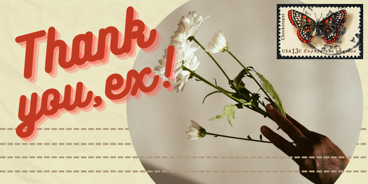 a Black person's hand reaches out holding white flower's on a postcard-like image with a stamp of a black and red butterfly and the words THANK YOU, EX! printed on it