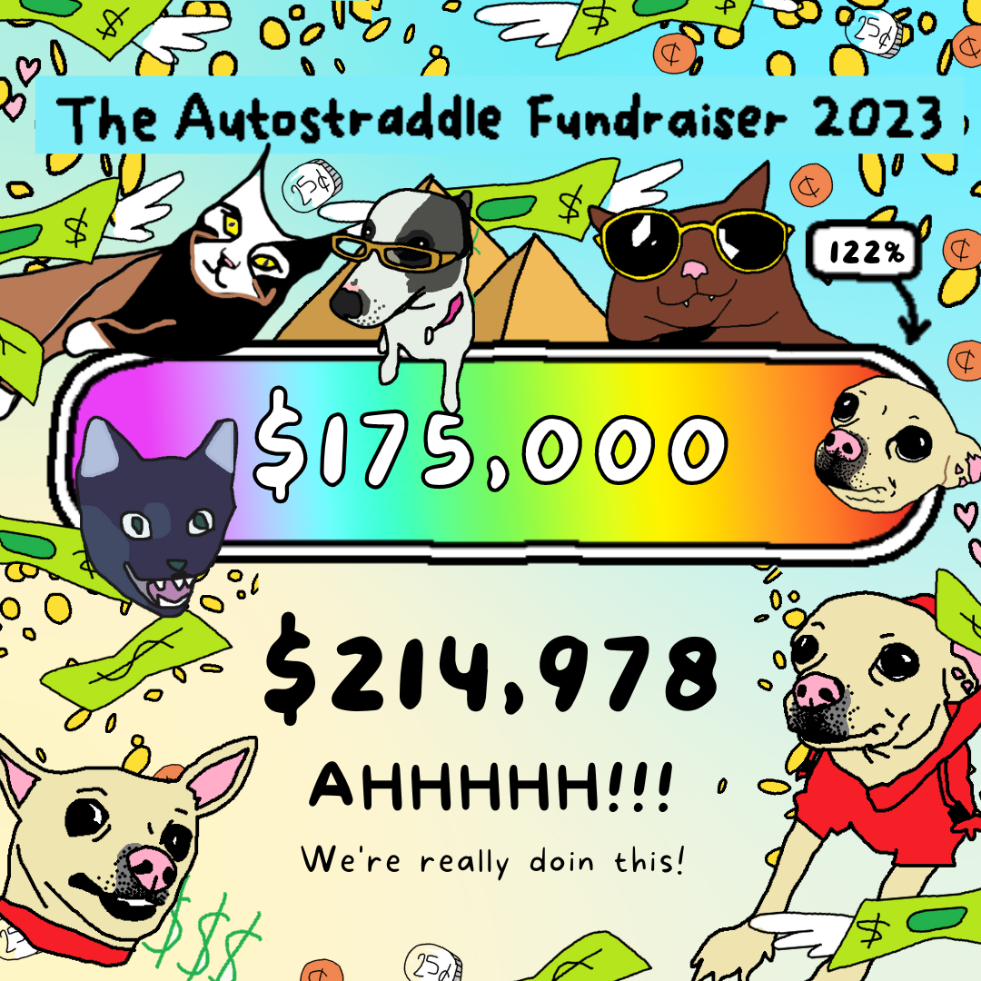 A tracker showing $214,978 of $175,000 raised. That's 122%. The tracker has MS paint style drawings of animals on it - one is a drawing of carol the dog in a hoodie, another a cat with bread around its face, another cat leaning on the tracker, and a cat wearing sunglasses. money rains down in the background. Text reads AHHHH we're really doin this!!