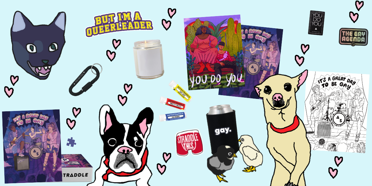 a collage of the various fundraiser perks items along with cartoony illustrations of various autostraddle pets