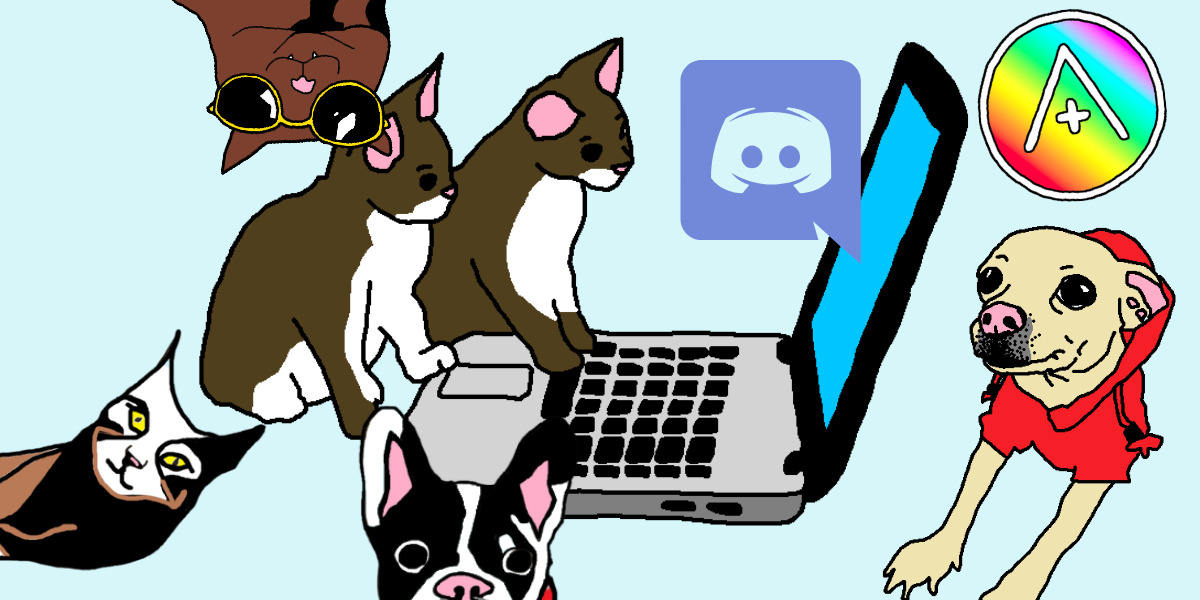 several MS paint style illustrated animals are seen here including carol the dog and lola the dog. two cats are also playing with a computer and there is a rainbow A+ logo