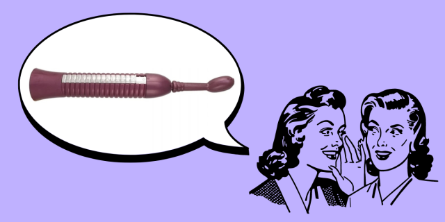 In the bottom right corner of the image, there is a black line drawing of two women with 1950s hairstyles whispering to each other against a lavender background. In the upper left corner, there is a speech bubble. Inside the speech bubble, there is an image of the Eroscillator Top Deluxe Vibrator, which has a long, ribbed, purple and silver handle, a slim "neck," and a rounded, purple tip.