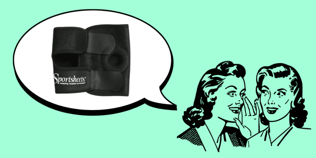In the bottom right corner of the image, there is a black line drawing of two women with 1950s hairstyles whispering to each other against a teal background. In the upper left corner, there is a speech bubble. Inside the speech bubble, there is an image of a black neoprene thigh harness with two Velcro straps. White text on the bottom of the harness reads, "Sportsheets."