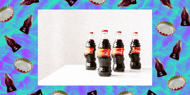 distorted glass bottles of Coke against a wavy blue and purple background with bottle caps and gummy sodas