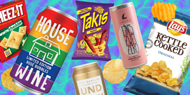Cheez-It White Cheddar, House Wine canned wine in a rainbow can, three loose potato chips, a bag of Takis, a bag of Kettle Cooked potato chips, a gold can of Underwood canned sparkling wine, and a can of nonalcoholic sparkling wine
