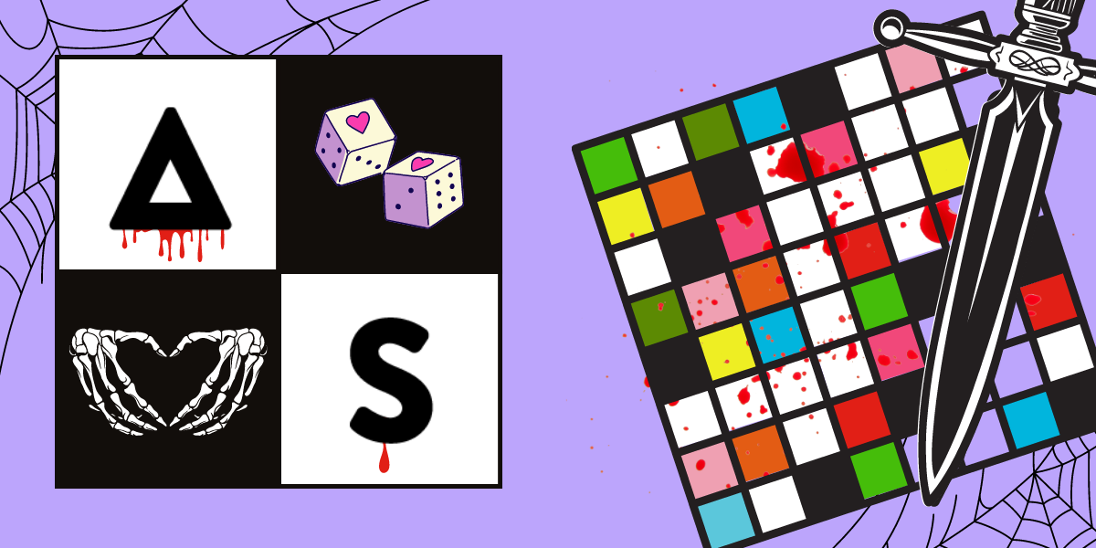 The Autostraddle logo (AS) has been situated inside a tiny crossword grid to the left, along with drips of blood, gothic dice, and a pair of skeleton hands in the shape of a heart; and colorful crossword-like puzzle covered in blood spatter is the right near a dagger, all on the A+ lavender background replete with spider webs.