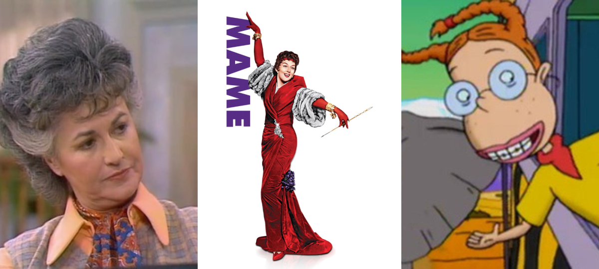 Mame Dennis, Auntie Mame Eliza Thornberry, The Wild Thornberrys Maude Findlay, Maude Mame Dennis is posed in a long gown, fur sleeves, holding a cigarette holder in a gloved hand. Maude is a white woman with tall gray hair who here is looking skeptical. Eliza is a cartoon of a white girl with red hair in pigtail braids who is seen here leaning out the window of an RV.