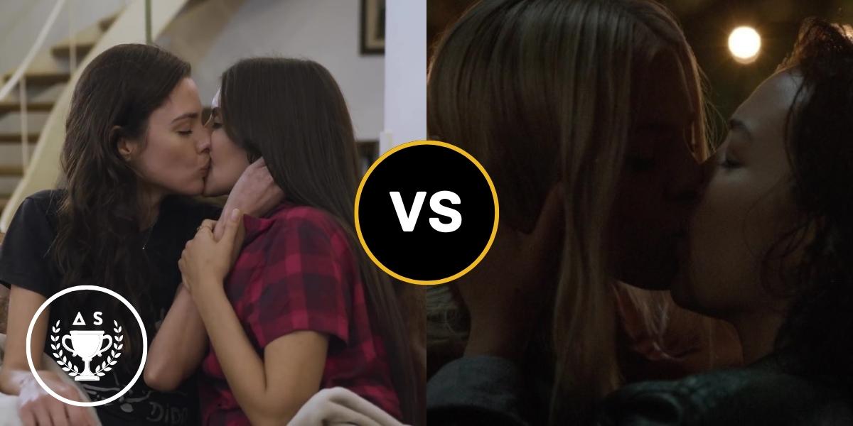 Screencaps of Valentina and Luiza kissing + Alicia and Leighton kissing. In the middle: VS. And a white stamp of a trophy with the letters AS — for Autostraddle — above it. 