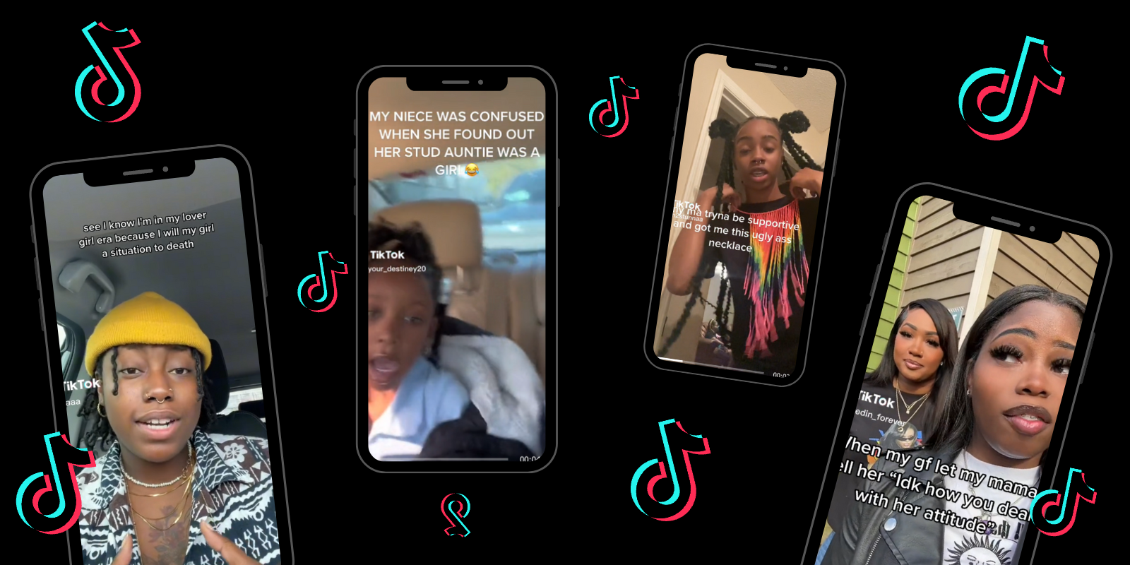 Four phones with screenshots of various TikToks on a Black background, the TikTok logo floats in between them all
