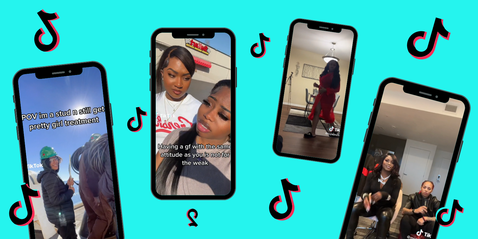 Four phones with screenshots of various TikTokson a light teal background, the TikTok logo floats in between them all