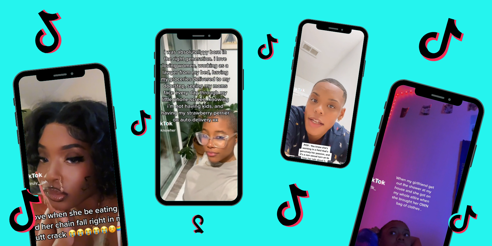 Four phones with screenshots of various TikTokson a light teal background, the TikTok logo floats in between them all
