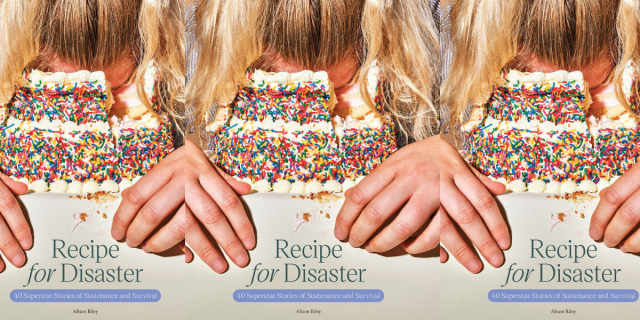 The cover of "Recipe for Disaster" where a Blonde person is smushing their face into a sprinkle cake.