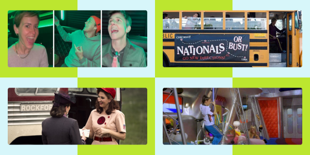 Photo 1: Sarah Paulson, Abby Wambach, and Tig Notaro singing on a party bus. Photo 2: A school bus decorated with a banner that says NATIONALS OR BUST from the show Glee. Photo 3: Greta in her baseball uniform stands outside the Rockford Peaches bus. Photo 4: The Spice Girls Sporty and Baby onboard the Spice Girls tour bus from Spice World.