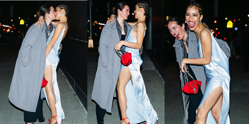 Three photographs of Jasmin Savoy Brown, a Black woman with cornrows and a silver dress and red handbag, kissing their partner messily so that her red lipstick smears. Her partner, Anouk, is a butch woman with hair in a bun and a long grey coat.