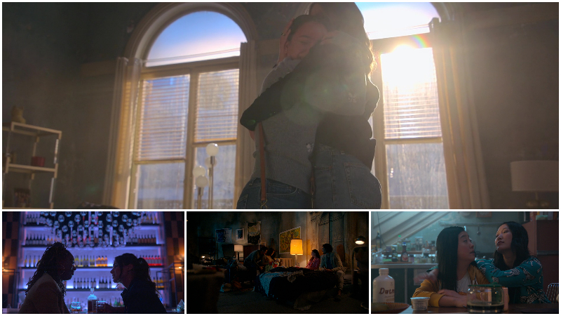 Good Trouble: A four picture collage: The central photo is Callie embracing her sister in their former loft at the Coterie. On the bottom right, Malika sits at the bar with Angelica and asks about getting back together. The center picture on the bottom row is Jazmin and her husband in Gael's loft, meeting their niece for the first time. The picture on the bottom left is Sumi draping her arm over Alice's left shoulder at the Coterie kitchen table.