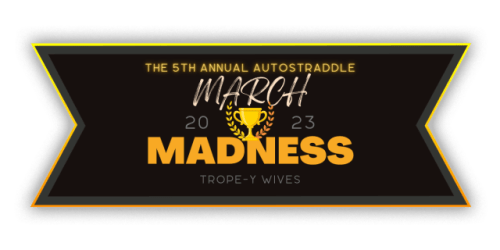 A black ticket with orange and yellow trimming, inside it says: "The 5th Annual Autostraddle March Madness 2023, Trope-y Wives." In the middle of the text is a small graphic of a gold trophy.