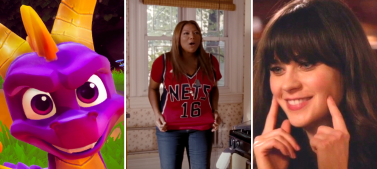 Spyro is a purple dragon with orange spikes and horns making a mischievous expression, Leslie is a Black woman who is here wearing a sports jersey and saying something adamently, and Jessica is a white woman with brown hair and bangs who is smiling and touching her cheeks here