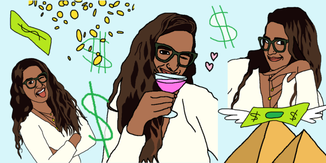 an MS paint style feature image with three different drawings of managing editor kayla. she is a south asian woman with long brown hair. she is wearing white and looking serious, fun and flirty all at once. in the central drawing she is holding a pink cocktail. the background is covered in drawings of money and a pyramid