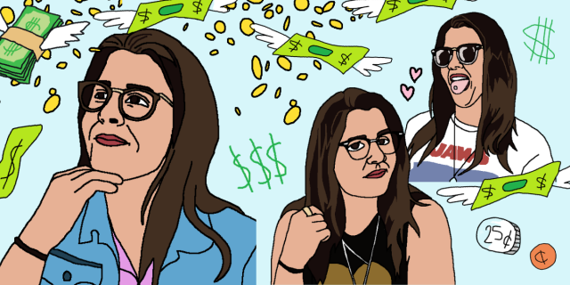 Kristen Arnett, a white butch human with long straight brown hair and glasses is drawn in an MS paint style in three separate images. In the farmost left one, they are wearing a blue button up and gazing thoughtfully off to the left. In the center one, she is wearing a tank, some necklaces and rings and looking awesome. All the way to the right, he is sticking their tongue out all the way revealing a tongue ring while wearing a Jaws tee shirt. illustrations of money rain down in the background