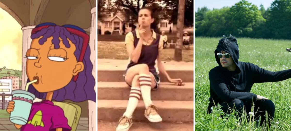 reggie of rocket power is a cartoon of a mixed race middle school girl with purple hair who is looking sassy, jenny is a young white woman who here is smoking in sports clothes on a basketball court, and david rose is a white man who is taking up a sassy stance in a green grass field, head covered by a black hoodie, wearing sunglasses and holding a pitchfork