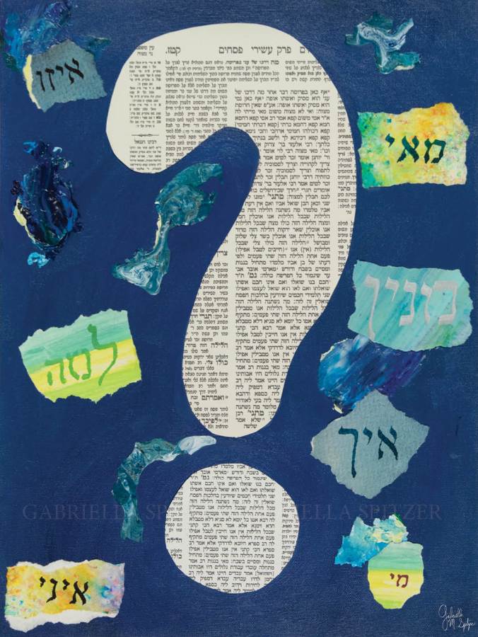 Mixed media on woodboard. A question mark made out of a talmud page is surrounded by question words in Hebrew and Aramaic written on pieces of painted paper. The background is blue-purple. There are also pasted pieces of paint providing texture and color around the edges. 