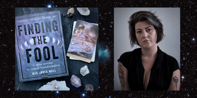 meg jones wall, a white person with dark salt and pepper hair wearing a black dress is to the right in a headshot, to the left, their book is laid out with gorgeous tarot cards and crystals.