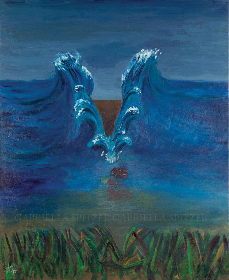 Acrylics on canvas painting showing the sea splitting starting from a long-haired figure immersed in the water. There are reeds in the foreground. The figure in the water is holding a timbrel. 
