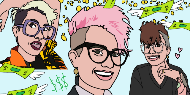 an ms paint depiction of nico in three different portraits. in one they have blonde hair and are wearing a loud hawaiian shirt. in another they have pink hair and are wearing a collared shirt and a single dangly earring. in a third one they have brown hair and are wearing a sweater and are smiling with their arm up which also shows their tattoo sleeve. they are white and wear glasses and their hair is always cut in the same style with the sides shaved. money rains down in the background.