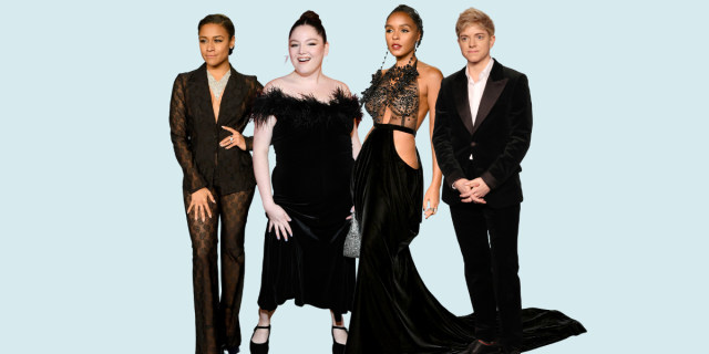 Ariana DeBose, Meg Stalter, Janelle Monaé, and Mae Martin on red carpets for the Vanity Fair part. Ariana wears a black suit, Meg wears a black fluffy off the shoulder dress, Janelle wears a black dress with cutouts and an elaborate bodice, and Mae wears a black suit.