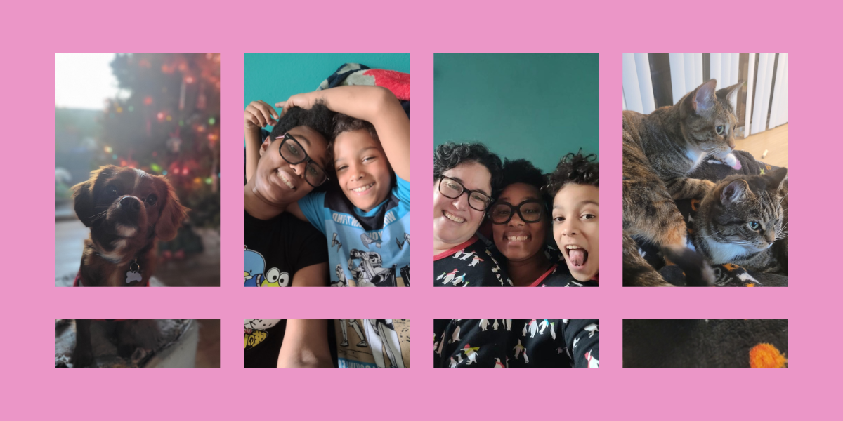 photo 1: a pink lit christmas tree in the background. a small red and white puppy in a black shirt with white penguins looking up at the camera. photo 2: turquoise background. a black woman with short brown hair and glasses smiling. she is wearing a black tee shirt with Sanrio characters. a tan skinned boy smiling in a blue and black shirt with Stormtroopers. his arms are around her head. photo 3: a turquoise background. three people in matching black pajamas with white penguins on them. one white woman with short brown hair and glasses smiling, one black woman with short brown hair and glasses smiling, one fair skinned boy with short brown hair sticking his tongue. photo 4: two cats laying on a black blanket with purple, orange and white letters. the cat in the foreground is grey with black stripes and a white chest. the background cat is orange and grey with black stripes and a white chest and paws. they are looking away from the camera