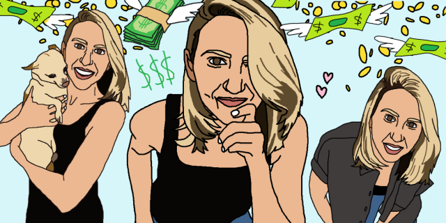 riese is drawn in an MS paint style in three different poses. On the left, she smiles and holds carol, her chihuahua, on the right she leans forward and grins at the viewer, and in the center, she puts her hand to her face in a smart and contemplative pose. riese is a blonde person who is tall.