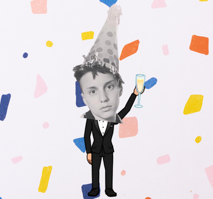 a collage ro made of their head with a party hat on on top of a bitmoji body holding up a glass of champagne