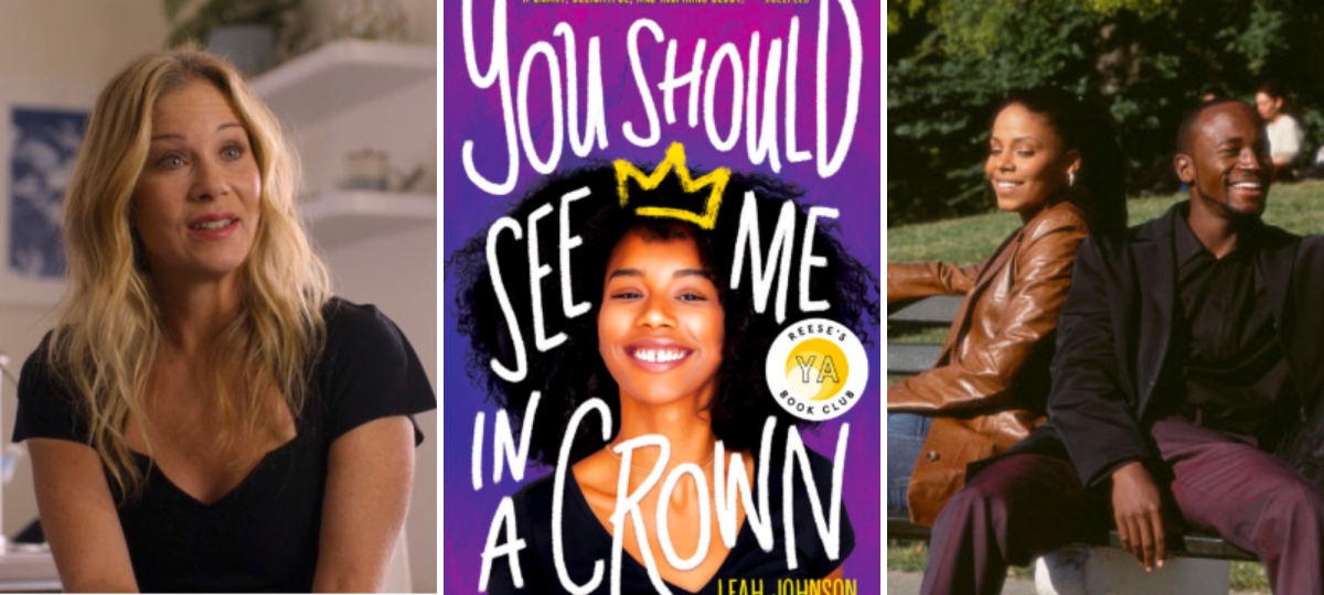 jen harding of dead to me is a white blonde woman, jen harding is a black woman here wearing a leather jacket and sitting on a bench with a black man. in the center is the cover of you should see me in a crown depicting a smiling black girl wearing a crown