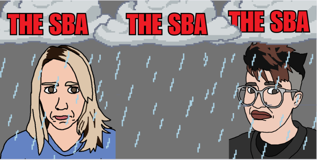 ms paint style drawings of riese and nico, two white people, riese with blonde hair and nico with a brown mohawk and glasses, under rainy clouds labeled with "SBA" in large red letters