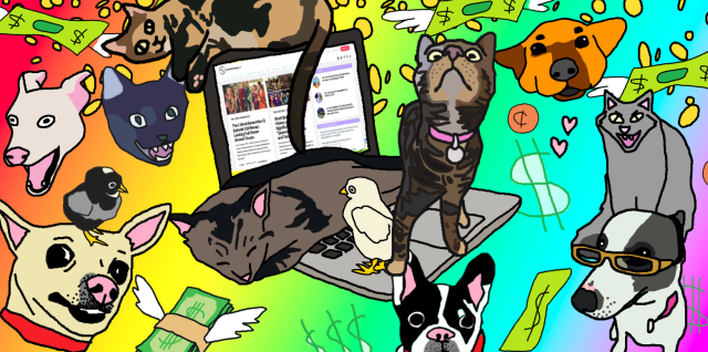 a rainbow background covered in a chaotic amalgamation of ms paint style dogs and cats and chicks with a cat sleeping on an open laptop that is open to the autostraddle website